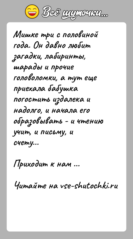 История: Мишке три с половиной года. Он давно любит загадки, лабиринты, шарады и прочие головоломки, а тут еще приехала бабушка погостить