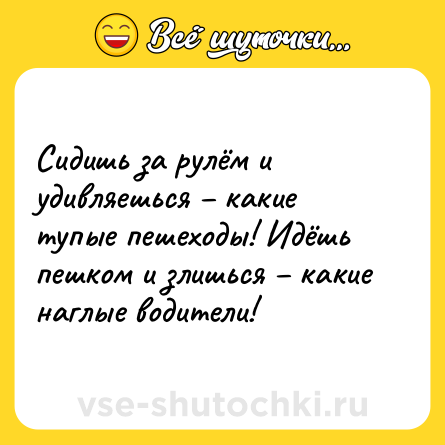 Шутка: Сидишь за рулём и удивляешься – какие тупые пешеходы! Идёшь пешком и злишься – какие наглые водители!