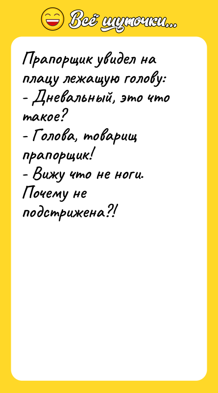 Прапорщик увидел на плацу лежащую голову: - Дневальный, это что