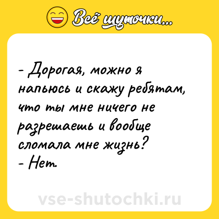 Шутка: - Дорогая, можно я напьюсь и скажу ребятам, что ты мне ничего не разрешаешь и вообще сломала мне жизнь? <br>- Нет.