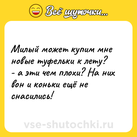 Шутка: Милый может купим мне новые туфельки к лету?<br>- а эти чем плохи? На них вон и коньки ещё не снасились!