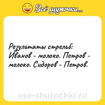 Шутка: Результаты стрельб: Иванов - молоко. Петров - молоко. Сидоров - Петров.