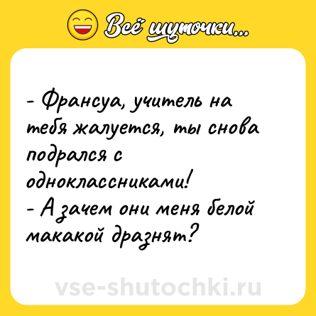 Шутка: - Франсуа, учитель на тебя жалуется, ты снова подрался с одноклассниками!<br>- А зачем они меня белой макакой дразнят?