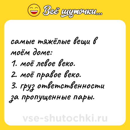 Шутка: самые тяжёлые вещи в моём доме: <br>1. моё левое веко. <br>2. моё правое веко. <br>3. груз ответственности за пропущенные пары.