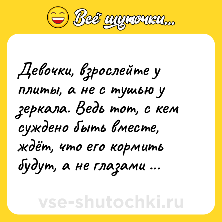 Шутка: Девочки, взрослейте у плиты, а не с тушью у зеркала. Ведь тот, с кем суждено быть вместе, ждёт, что его кормить будут, а не глазами хлопать.