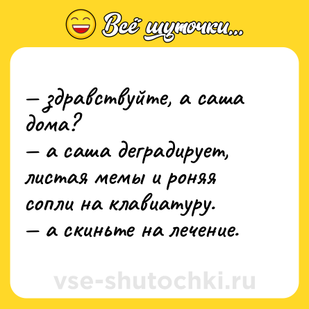 Шутка: — здравствуйте, а саша дома? <br>— а саша деградирует, листая мемы и роняя сопли на клавиатуру. <br>— а скиньте на лечение.