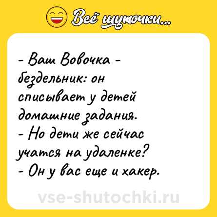 Шутка: - Ваш Вовочка -  бездельник: он списывает у детей домашние задания.<br>- Но дети же сейчас учатся на удаленке?<br>- Он у вас еще и хакер.