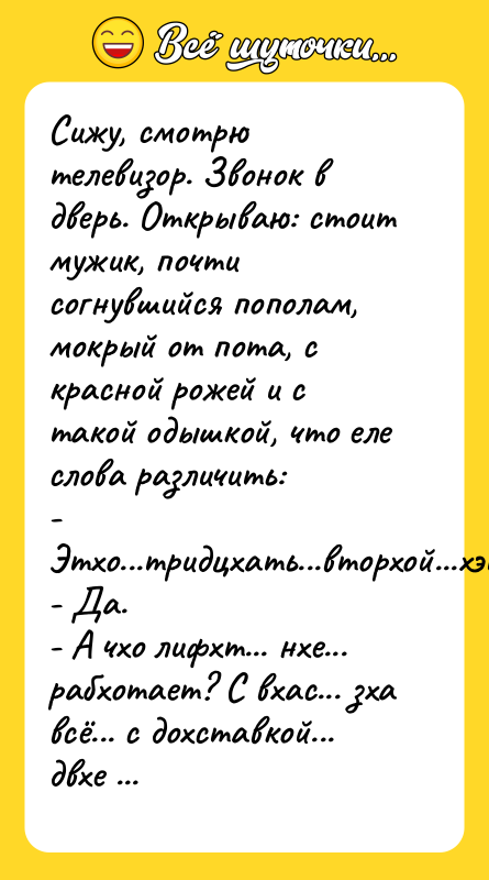 Сижу, смотрю телевизор. Звонок в дверь. Открываю: стоит мужик, почти