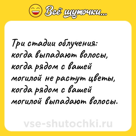 Шутка: Три стадии облучения: когда выпадают волосы, когда рядом с вашей могилой не растут цветы, когда рядом с вашей могилой выпадают волосы.
