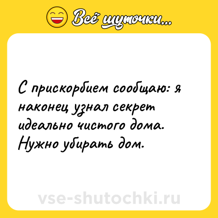 Шутка: С прискорбием сообщаю: я наконец узнал секрет идеально чистого дома.Нужно убирать дом.