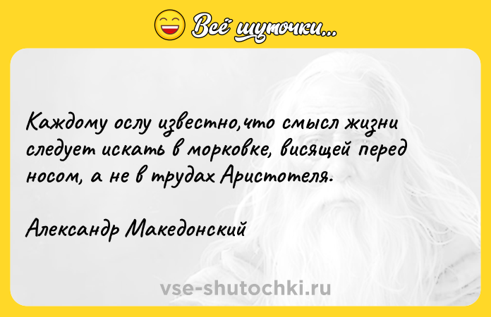 Цитата: Каждому ослу известно,что смысл жизни следует искать в морковке, висящей перед носом, а не в трудах Аристотеля.Александр Македонский