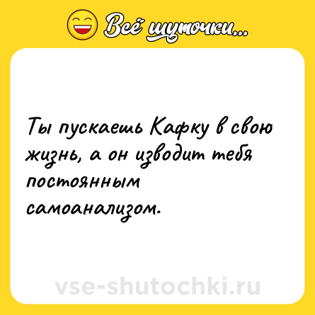 Шутка: Ты пускаешь Кафку в свою жизнь, а он изводит тебя постоянным самоанализом.