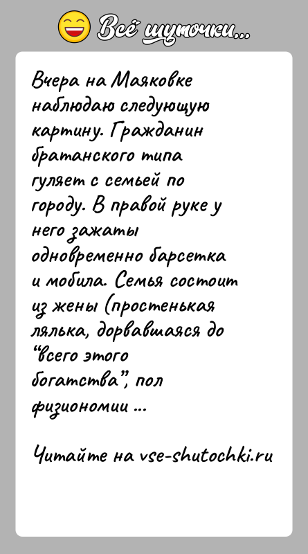 История: Вчера на Маяковке наблюдаю следующую картину. Гражданин братанского типа гуляет с семьей по городу. В правой руке у него зажаты