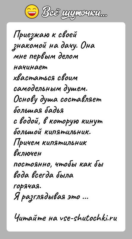 История: Приезжаю к своей знакомой на дачу. Она мне первым делом начинаетхвастаться своим самодельным душем. Основу душа составляет большая бадьяс водой,