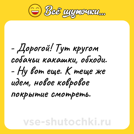 Шутка: - Дорогой! Тут кругом собачьи какашки, обходи.<br>- Ну вот еще. К теще же идем, новое ковровое покрытие смотреть.