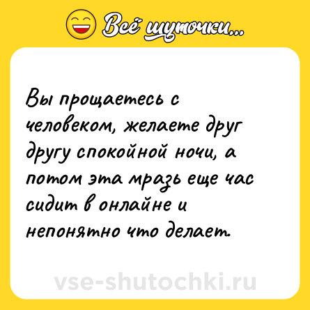 Шутка: Вы прощаетесь с человеком, желаете друг другу спокойной ночи, а потом эта мразь еще час сидит в онлайне и непонятно что делает.