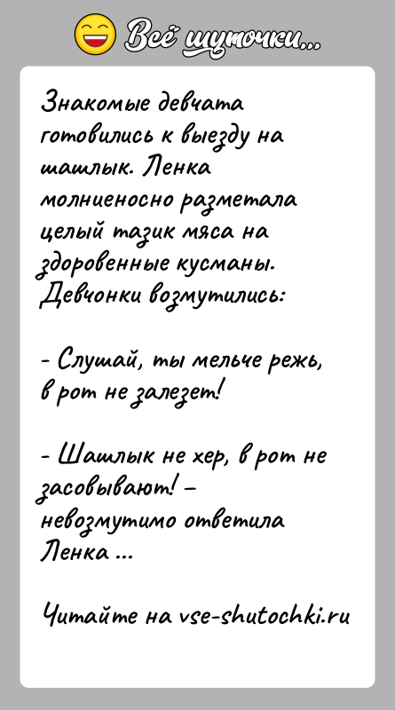 История: Знакомые девчата готовились к выезду на шашлык. Ленка молниеносно разметала целый тазик мяса на здоровенные кусманы. Девчонки возмутились:- Слушай, ты
