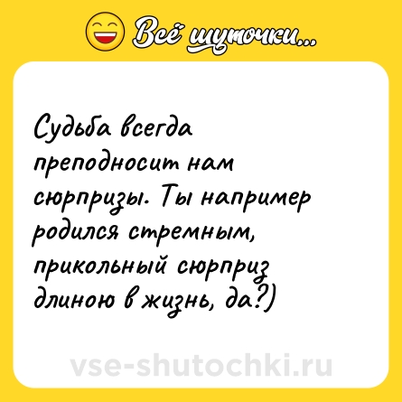 Шутка: Судьба всегда преподносит нам сюрпризы. Ты например родился стремным, прикольный сюрприз длиною в жизнь, да?)