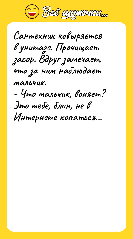 Сантехник ковыряется в унитазе. Прочищает засор. Вдруг замечает, что за