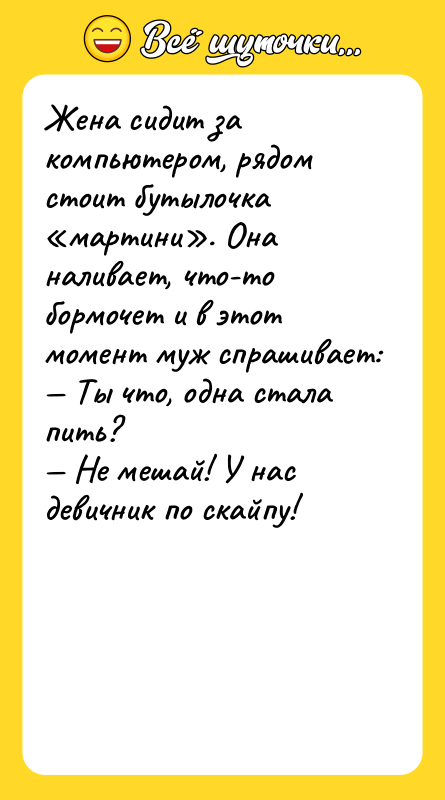 Жена сидит за компьютером, рядом стоит бутылочка «мартини». Она наливает,