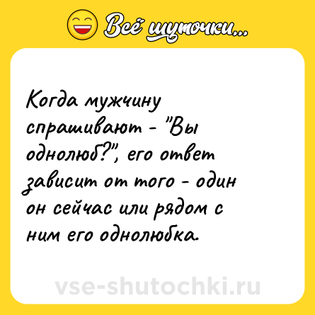 Шутка: Когда мужчину спрашивают - "Вы однолюб?", его ответ зависит от того - один он сейчас или рядом с ним его однолюбка.