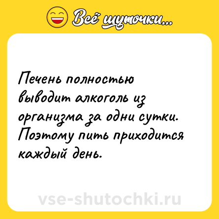Шутка: Печень полностью выводит алкоголь из организма за одни сутки. Поэтому пить приходится каждый день.