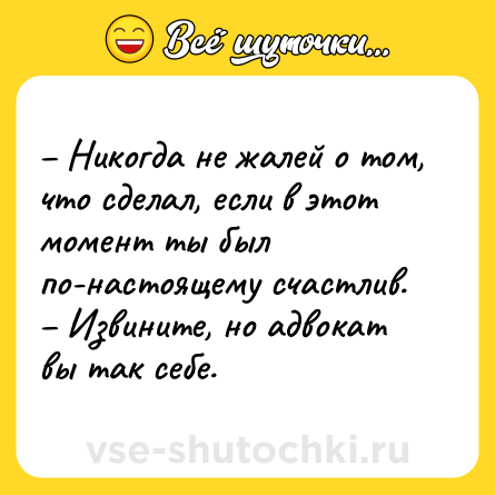 Шутка: – Никогда не жалей о том, что сделал, если в этот момент ты был по-настоящему счастлив. <br>– Извините, но адвокат вы так себе.