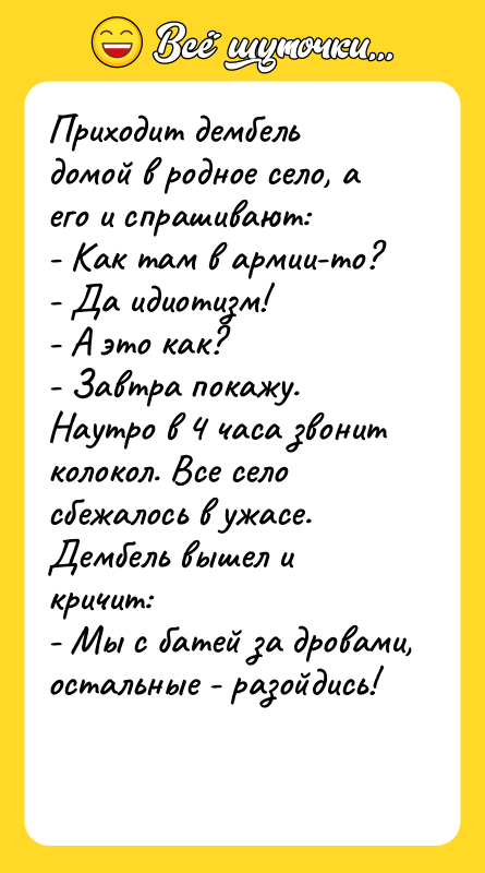 Приходит дембель домой в родное село, а его и спрашивают: