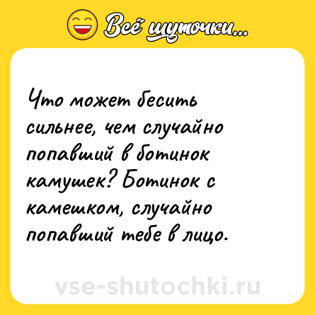 Шутка: Что может бесить сильнее, чем случайно попавший в ботинок камушек? Ботинок с камешком, случайно попавший тебе в лицо.