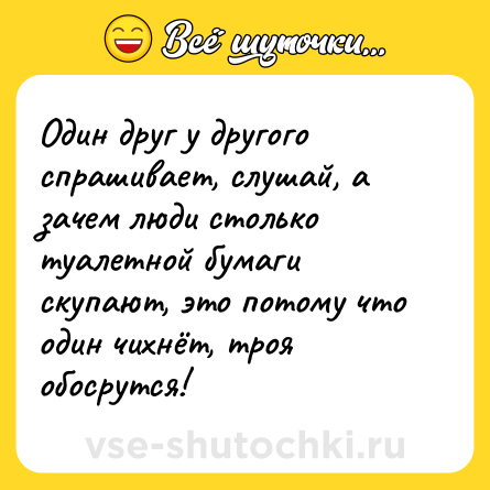 Шутка: Один друг у другого спрашивает, слушай, а зачем люди столько туалетной бумаги скупают, это потому что один чихнёт, троя обосрутся!