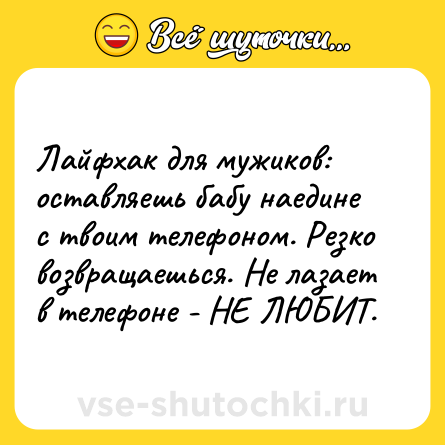 Шутка: Лайфхак для мужиков: оставляешь бабу наедине с твоим телефоном. Резко возвращаешься. Не лазает в телефоне - НЕ ЛЮБИТ.
