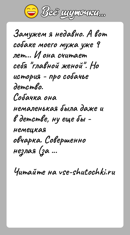 История: Замужем я недавно. А вот собаке моего мужа уже 9 лет... И она считаетсебя главной женой . Но история - про