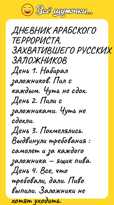 ДНЕВНИК АРАБСКОГО ТЕРРОРИСТА, ЗАХВАТИВШЕГО РУССКИХ ЗАЛОЖНИКОВ День 1. Набирал заложников.