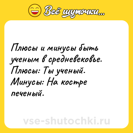 Шутка: Плюсы и минусы быть ученым в средневековье. Плюсы: Ты ученый. Минусы: На костре печеный.
