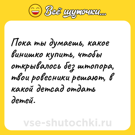 Шутка: Пока ты думаешь, какое винишко купить, чтобы открывалось без штопора, твои ровесники решают, в какой детсад отдать детей.