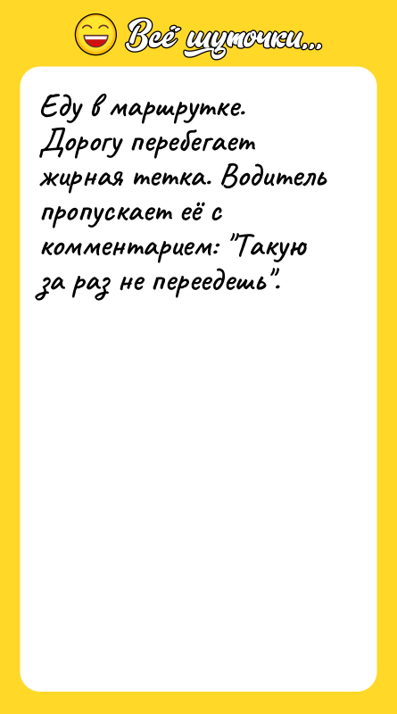 Еду в маршрутке. Дорогу перебегает жирная тетка. Водитель пропускает её
