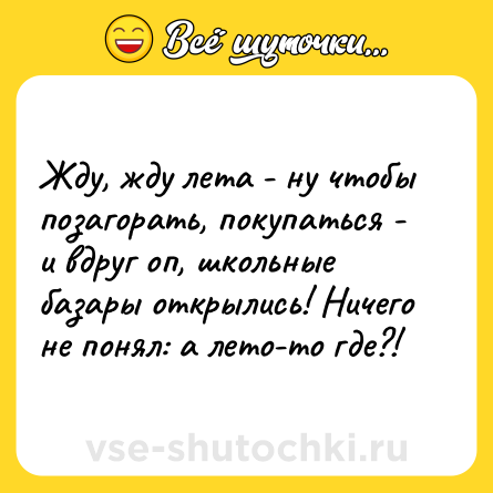 Шутка: Жду, жду лета - ну чтобы позагорать, покупаться - и вдруг оп, школьные базары открылись! Ничего не понял: а лето-то где?!