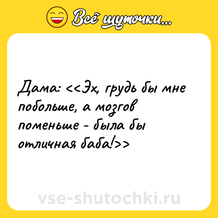 Шутка: Дама: <<Эх, грудь бы мне побольше, а мозгов поменьше - была бы отличная баба!>>