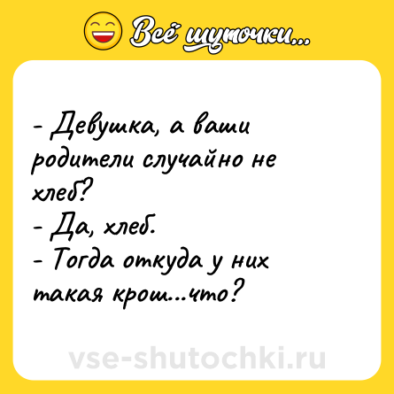 Шутка: - Девушка, а ваши родители случайно не хлеб?<br>- Да, хлеб.<br>- Тогда откуда у них такая крош...что?