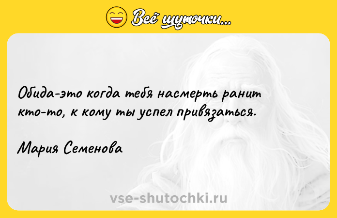 Цитата: Обида-это когда тебя насмерть ранит кто-то, к кому ты успел привязаться. Мария Семенова