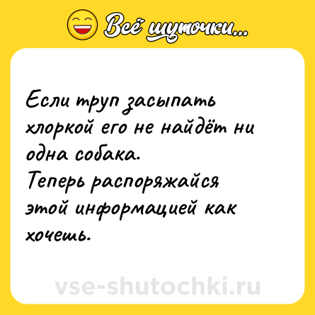 Шутка: Если труп засыпать хлоркой его не найдёт ни одна собака.  <br>Теперь распоряжайся этой информацией как хочешь.