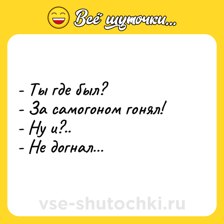 Шутка: - Ты где был?<br>- За самогоном гонял!<br>- Ну и?..<br>- Не догнал…