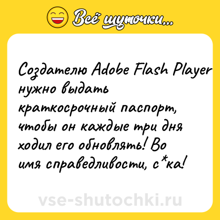 Шутка: Создателю Adobe Flash Player нужно выдать краткосрочный паспорт, чтобы он каждые три дня ходил его обновлять! Во имя справедливости, с*ка!
