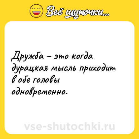 Шутка: Дружба – это когда дурацкая мысль приходит в обе головы одновременно.