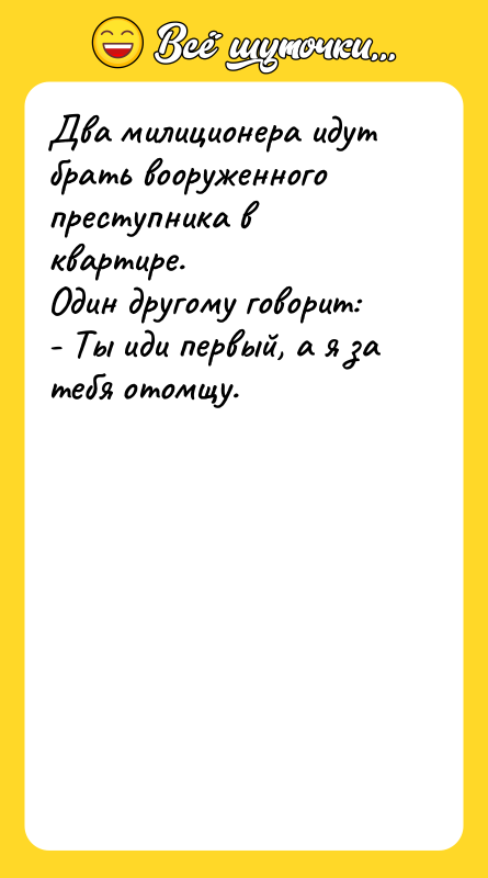 Два милиционера идут брать вооруженного преступника в квартире. Один другому