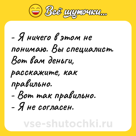 Шутка: - Я ничего в этом не понимаю. Вы специалист. Вот вам деньги, расскажите, как правильно. <br>- Вот так правильно. <br>- Я не согласен.