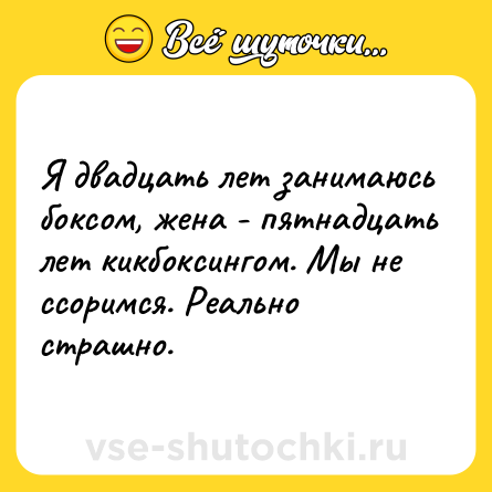 Шутка: Я двадцать лет занимаюсь боксом, жена - пятнадцать лет кикбоксингом. Мы не ссоримся. Реально страшно.