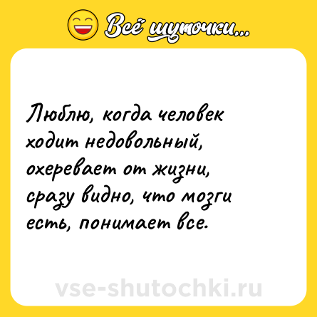 Шутка: Люблю, когда человек ходит недовольный, охеревает от жизни, сразу видно, что мозги есть, понимает все.