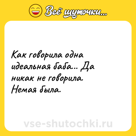 Шутка: Как говорила одна идеальная баба... Да никак не говорила.<br>Немая была.