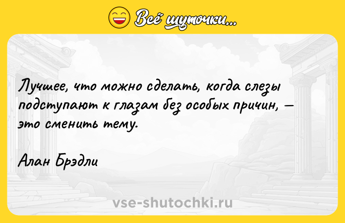 Цитата: Лучшее, что можно сделать, когда слезы подступают к глазам без особых причин, это сменить тему.Алан Брэдли